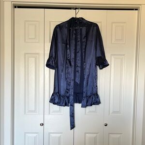 Elegant Navy Satin Robe with Ruffle Trim and Sash